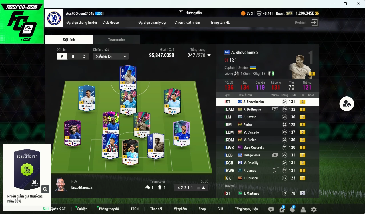 Chelsea 95.840b có Caicedo 23HW, K. De Bruyne BTB, Desailly CFA, Sheva CAP, James SPL, Thiago Silva CAP, Hazard EBS, Courtois RMA, Essien BTB, Pedro BTB, Cucurella LOL dư 1200b. HLV Xịn